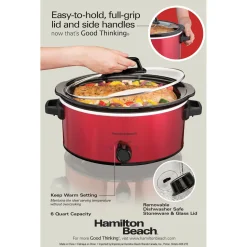 6 Quart Oval Slow Cooker, Red