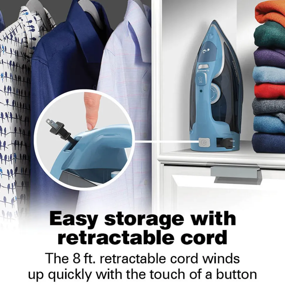 Steam Iron with Retractable Cord, Blue
